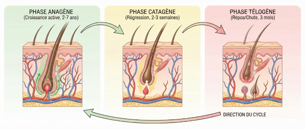 Diagramme anatomique du cycle de croissance capillaire en 3 phases : phase anagène (croissance active, 2-7 ans) avec follicule pileux irrigué et matrice cellulaire active, phase catagène (régression, 2-3 semaines) avec rétraction du bulbe et réduction de l'apport sanguin, phase télogène (repos et chute, 3 mois) avec follicule dormant et cheveu-club prêt à tomber. Flèche indiquant la direction cyclique du renouvellement capillaire.