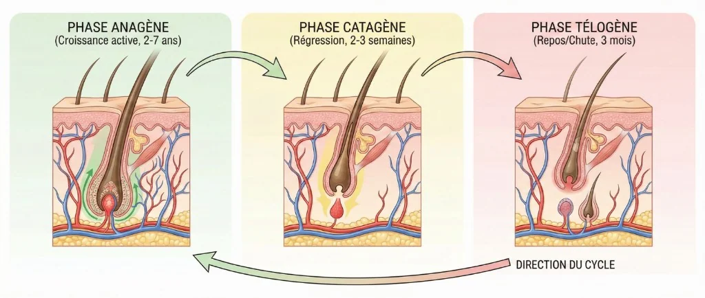 Diagramme anatomique du cycle de croissance capillaire en 3 phases : phase anagène (croissance active, 2-7 ans) avec follicule pileux irrigué et matrice cellulaire active, phase catagène (régression, 2-3 semaines) avec rétraction du bulbe et réduction de l'apport sanguin, phase télogène (repos et chute, 3 mois) avec follicule dormant et cheveu-club prêt à tomber. Flèche indiquant la direction cyclique du renouvellement capillaire.