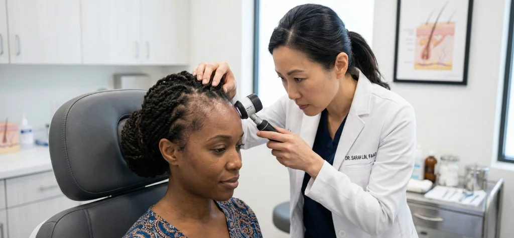 Diagnostic de l'alopécie de traction — Examen dermatoscopique de la ligne frontale en clinique | Renaissance Clinique Dermatologue examinant la ligne frontale d'une patiente atteinte d'alopécie de traction à l'aide d'un dermatoscope — diagnostic clinique des zones de perte capillaire causée par les coiffures serrées (tresses, extensions)