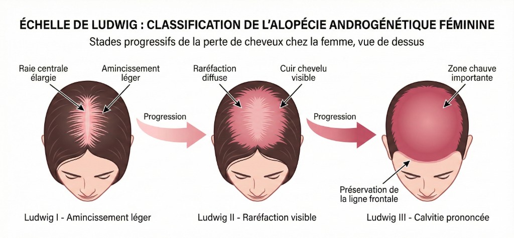 Échelle de Ludwig : classification de l'alopécie androgénétique féminine en 3 stades progressifs — Ludwig I (raie centrale élargie, amincissement léger), Ludwig II (raréfaction diffuse, cuir chevelu visible) et Ludwig III (zone chauve importante, calvitie prononcée avec préservation de la ligne frontale)