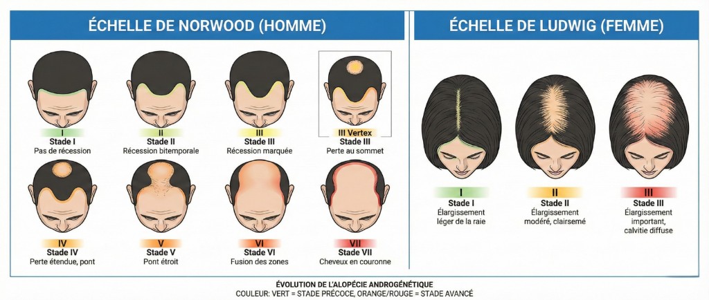 Classification comparée de l'alopécie androgénétique : à gauche, l'échelle de Norwood (homme) montrant 7 stades de calvitie — Stade I (pas de récession) → Stade II (récession bitemporale) → Stade III (récession marquée) → Stade III Vertex (perte au sommet) → Stade IV (perte étendue, pont capillaire) → Stade V (pont étroit) → Stade VI (fusion des zones dégarnies) → Stade VII (cheveux en couronne uniquement). À droite, l'échelle de Ludwig (femme) en 3 stades — Stade I (élargissement léger de la raie) → Stade II (élargissement modéré, clairsemé) → Stade III (élargissement important, calvitie diffuse). Code couleur : vert = stade précoce, orange/rouge = stade avancé.