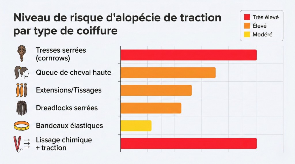 Infographie du niveau de risque d'alopécie de traction par type de coiffure : tresses serrées (cornrows) et lissage chimique + traction en risque très élevé (rouge), queue de cheval haute, extensions/tissages et dreadlocks serrées en risque élevé (orange), bandeaux élastiques en risque modéré (jaune)