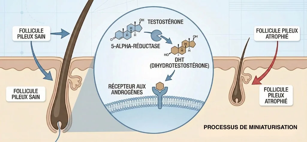 Processus de miniaturisation capillaire par la DHT — Alopécie Androgénétique | Renaissance Clinique Schéma du mécanisme d'action de la DHT sur le follicule pileux : conversion testostérone → 5-alpha-réductase → DHT → récepteur androgénique → miniaturisation et atrophie du follicule pileux