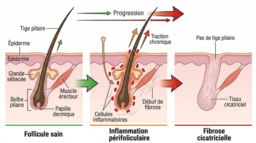 Schéma médical du mécanisme pathologique de l'alopécie de traction en 3 phases : follicule sain avec tige pilaire, épiderme, glande sébacée, bulbe pilaire et papille dermique — inflammation périfolliculaire avec cellules inflammatoires, traction chronique et début de fibrose — fibrose cicatricielle irréversible avec tissu cicatriciel remplaçant le follicule détruit