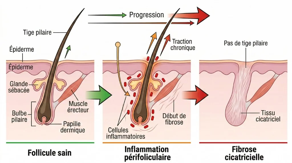 Mécanisme pathologique de l'alopécie de traction — Du follicule sain à la fibrose cicatricielle | Renaissance Clinique Schéma médical du mécanisme pathologique de l'alopécie de traction en 3 phases : follicule sain avec tige pilaire, épiderme, glande sébacée, bulbe pilaire et papille dermique — inflammation périfolliculaire avec cellules inflammatoires, traction chronique et début de fibrose — fibrose cicatricielle irréversible avec tissu cicatriciel remplaçant le follicule détruit