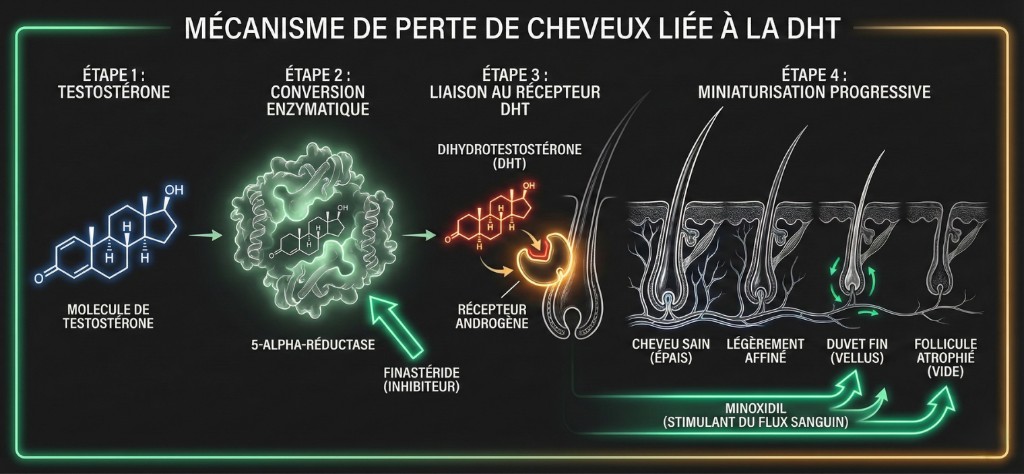 Schéma médical du mécanisme de perte de cheveux liée à la DHT en 4 étapes : Étape 1 — molécule de testostérone (structure chimique), Étape 2 — conversion enzymatique par la 5-alpha-réductase (le finastéride inhibe cette étape), Étape 3 — liaison de la dihydrotestostérone (DHT) au récepteur androgénique du follicule pileux, Étape 4 — miniaturisation progressive montrant 4 stades : cheveu sain épais → légèrement affiné → duvet fin (vellus) → follicule atrophié vide. Le minoxidil stimule le flux sanguin au niveau du follicule.