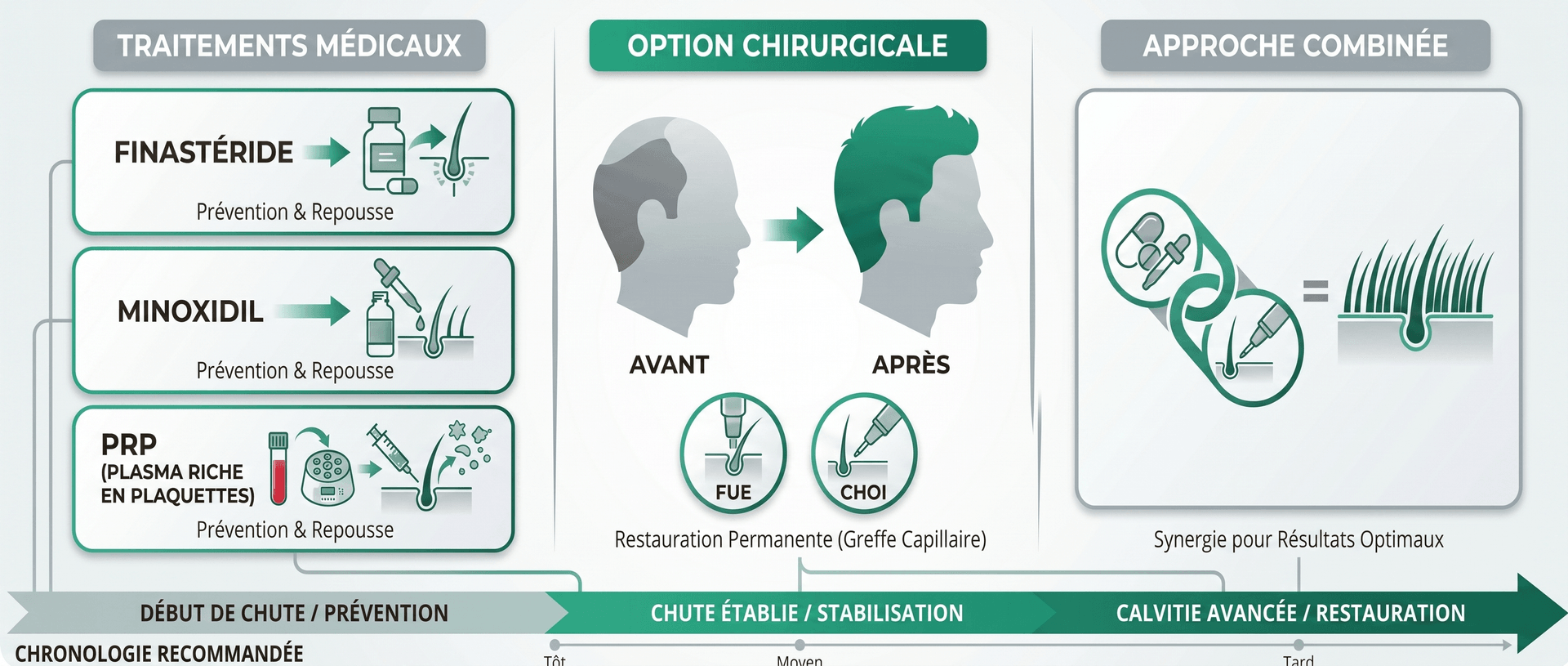 Options de Traitement de l'Alopécie Androgénétique : Médical, Chirurgical et Approche Combinée | Renaissance Clinique Infographie des options de traitement de la perte de cheveux : traitements médicaux (Finastéride, Minoxidil, PRP — prévention et repousse), option chirurgicale (greffe capillaire FUE et Choi Pen — restauration permanente avant/après) et approche combinée selon la chronologie recommandée (début de chute, chute établie, calvitie avancée)