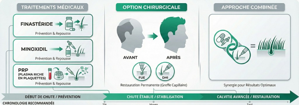 Infographie des options de traitement de la perte de cheveux : traitements médicaux (Finastéride, Minoxidil, PRP — prévention et repousse), option chirurgicale (greffe capillaire FUE et DHI — restauration permanente avant/après) et approche combinée selon la chronologie recommandée (début de chute, chute établie, calvitie avancée)