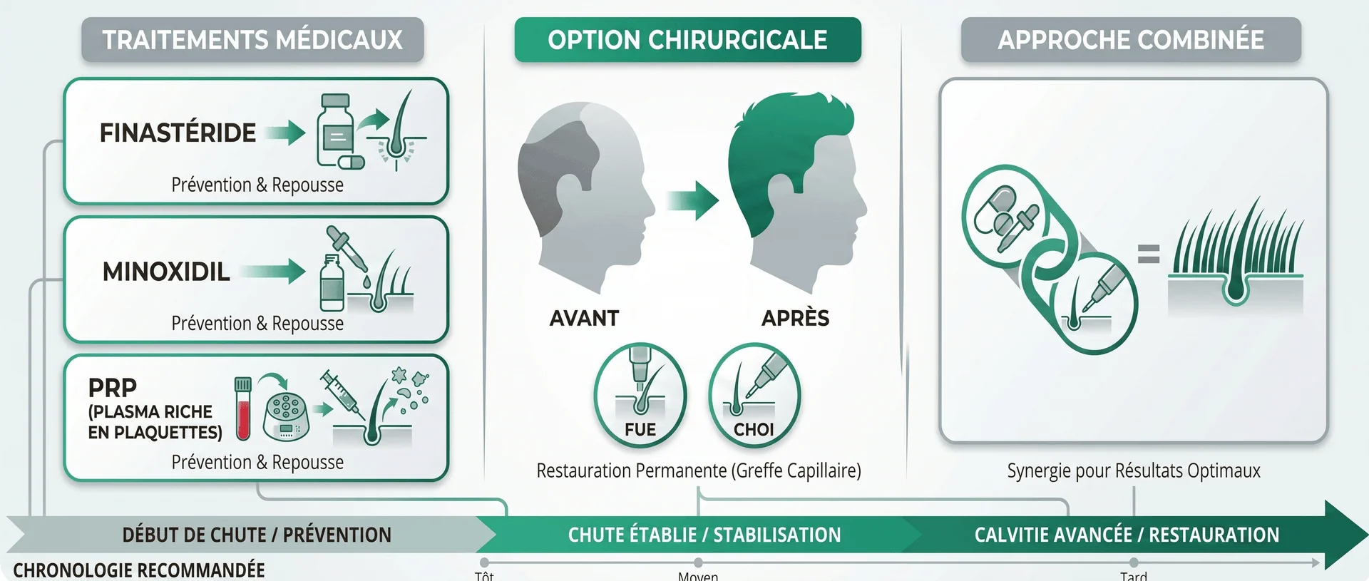 Options de Traitement de l'Alopécie Androgénétique : Médical, Chirurgical et Approche Combinée | Renaissance Clinique Infographie des options de traitement de la perte de cheveux : traitements médicaux (Finastéride, Minoxidil, PRP — prévention et repousse), option chirurgicale (greffe capillaire FUE et Choi Pen — restauration permanente avant/après) et approche combinée selon la chronologie recommandée (début de chute, chute établie, calvitie avancée)