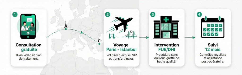 Infographie du parcours patient pour une greffe de cheveux en 4 étapes : Étape 1 — Consultation gratuite (bilan vidéo et plan de traitement via smartphone), Étape 2 — Voyage Paris-Istanbul (vol direct, accueil VIP et transfert inclus), Étape 3 — Intervention FUE/DHI (procédure sans douleur, greffe de haute qualité en clinique), Étape 4 — Suivi 12 mois (contrôles réguliers et assistance post-opératoire). Carte de l'Europe en arrière-plan avec tracé du trajet Paris vers Istanbul.