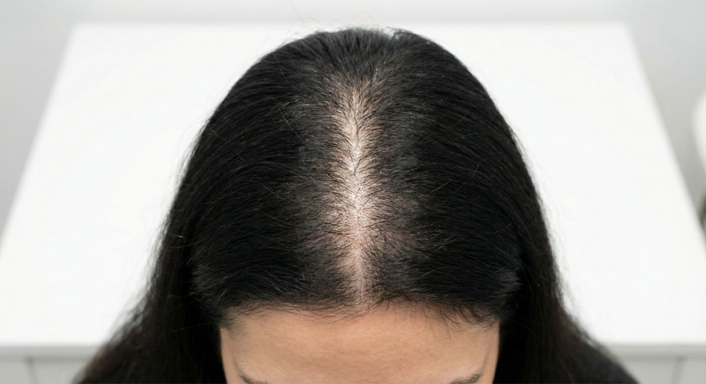 Vue du dessus d'un cuir chevelu féminin présentant une perte de cheveux diffuse et un éclaircissement notable le long de la raie centrale, signe d'une alopécie androgénétique féminine au stade I (Ludwig)