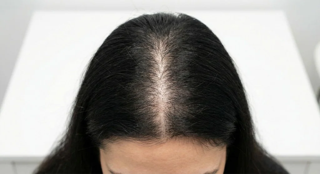 Perte de cheveux chez la femme — Stade I Ludwig, amincissement léger | Renaissance Clinique Vue du dessus d'un cuir chevelu féminin présentant une perte de cheveux diffuse et un éclaircissement notable le long de la raie centrale, signe d'une alopécie androgénétique féminine au stade I (Ludwig)
