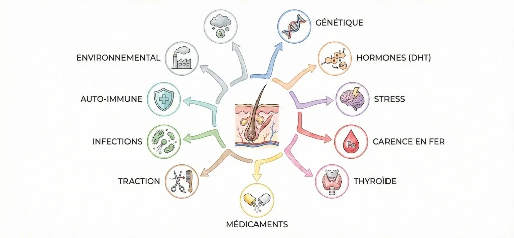 Infographie médicale des 10 principales causes de la perte de cheveux : au centre, coupe anatomique d'un follicule pileux sain, entouré de 10 branches illustrées — génétique (ADN), hormones DHT, stress (cerveau), carence en fer (Fe), thyroïde, médicaments, traction (ciseaux/peigne), infections (bactéries), auto-immune (bouclier), environnemental (pollution)