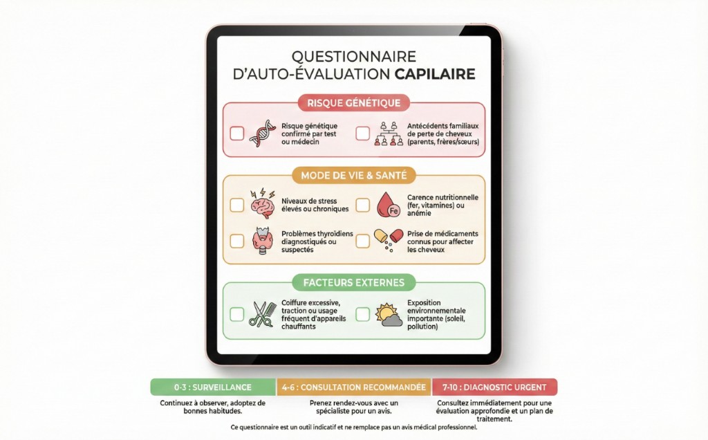 Questionnaire d'auto-évaluation capillaire affiché sur tablette, organisé en 3 catégories : Risque génétique (risque confirmé par test ou médecin, antécédents familiaux de perte de cheveux chez parents/frères/sœurs), Mode de vie et santé (niveaux de stress élevés ou chroniques, carence nutritionnelle en fer/vitamines ou anémie, problèmes thyroïdiens diagnostiqués ou suspectés, prise de médicaments connus pour affecter les cheveux), Facteurs externes (coiffure excessive/traction ou usage fréquent d'appareils chauffants, exposition environnementale importante au soleil et à la pollution). Barème de résultats : 0-3 = surveillance, 4-6 = consultation recommandée, 7-10 = diagnostic urgent.