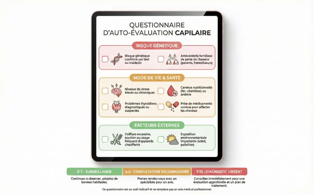 Questionnaire d'auto-évaluation capillaire affiché sur tablette, organisé en 3 catégories : Risque génétique (risque confirmé par test ou médecin, antécédents familiaux de perte de cheveux chez parents/frères/sœurs), Mode de vie et santé (niveaux de stress élevés ou chroniques, carence nutritionnelle en fer/vitamines ou anémie, problèmes thyroïdiens diagnostiqués ou suspectés, prise de médicaments connus pour affecter les cheveux), Facteurs externes (coiffure excessive/traction ou usage fréquent d'appareils chauffants, exposition environnementale importante au soleil et à la pollution). Barème de résultats : 0-3 = surveillance, 4-6 = consultation recommandée, 7-10 = diagnostic urgent.