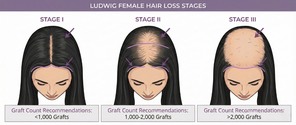 Infographie médicale des 3 stades de l'alopécie androgénétique féminine selon l'échelle de Ludwig : stade I (amincissement léger, < 1 000 greffons), stade II (raréfaction modérée, 1 000–2 000 greffons) et stade III (raréfaction sévère, > 2 000 greffons) avec recommandations de greffe capillaire