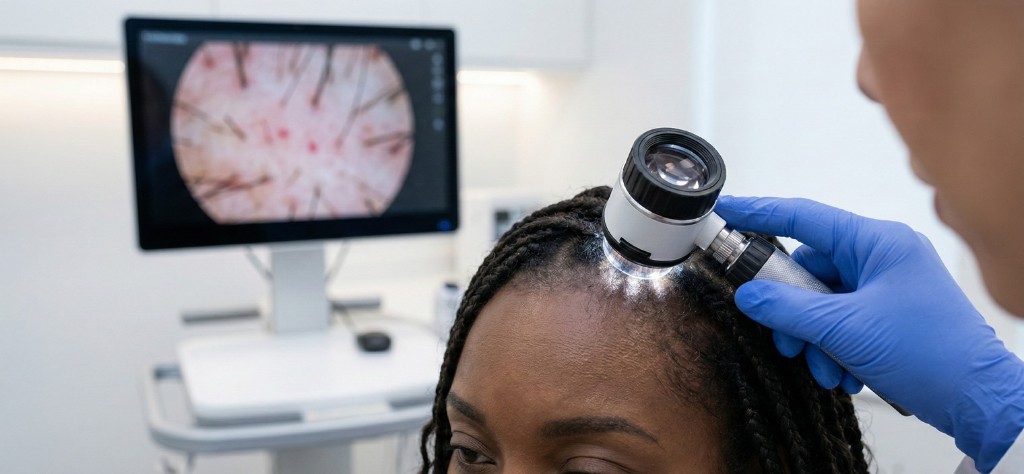 Examen trichoscopique d'une patiente aux cheveux tressés présentant les signes précoces d'alopécie de traction : dermatoscope appliqué sur le cuir chevelu avec écran affichant les résultats agrandis montrant cheveux miniaturisés, papules périfolliculaires rouges et zones d'inflammation le long de la ligne frontale