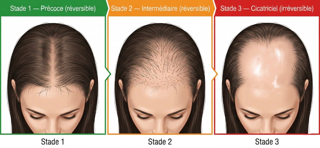 Comparaison visuelle des 3 stades de progression de l'alopécie de traction vue du dessus : Stade 1 précoce (réversible) avec amincissement léger de la ligne frontale, Stade 2 intermédiaire (réversible) avec recul visible et zones clairsemées marquées, Stade 3 cicatriciel (irréversible) avec perte permanente et cuir chevelu lisse sans follicules