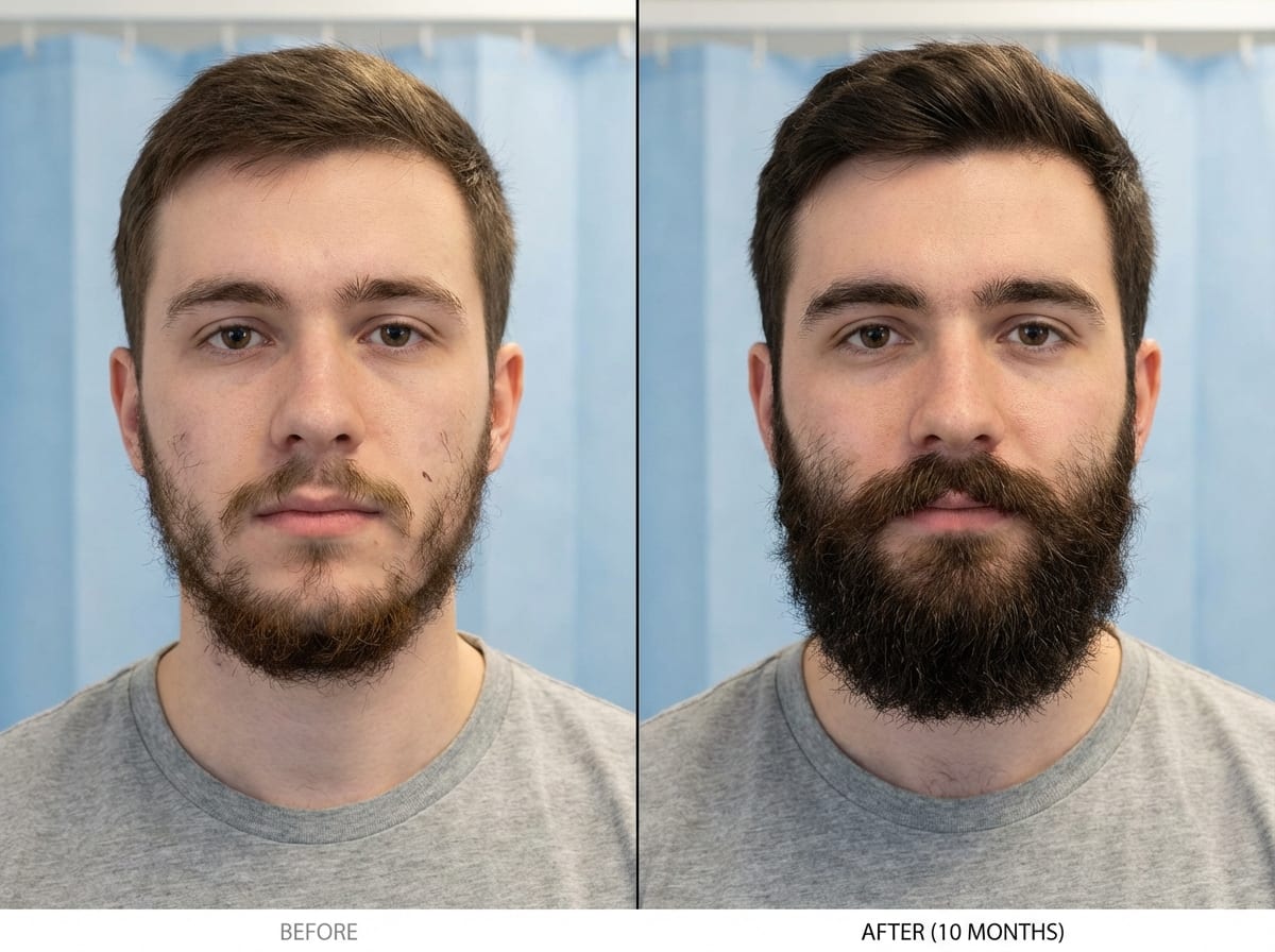 Résultats greffe de barbe avant après — Timeline J0 à M12 | Renaissance Clinique Résultats avant et après d'une greffe de barbe à Istanbul montrant la transformation progressive de J0 à M12 avec technique Choi Pen