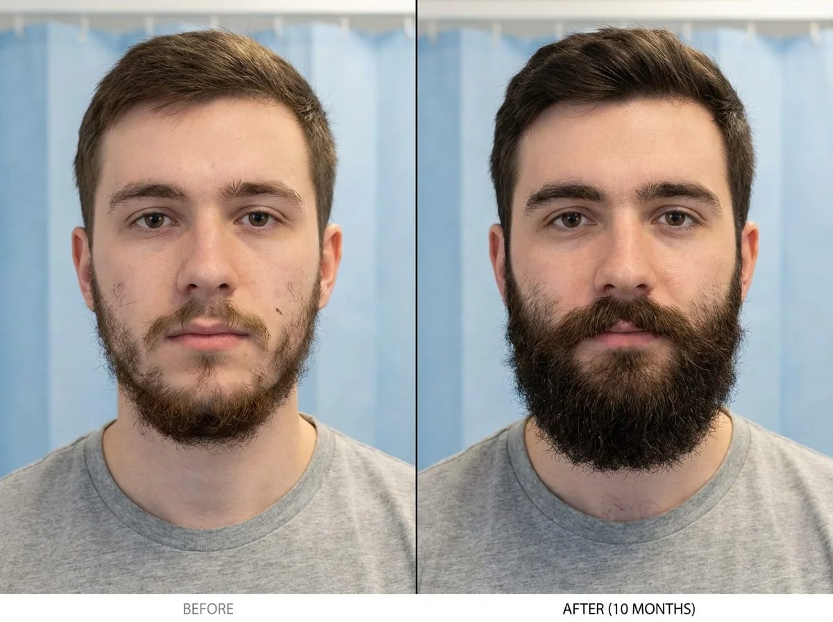 Résultats avant et après d'une greffe de barbe à Istanbul montrant la transformation progressive de J0 à M12 avec technique Choi Pen