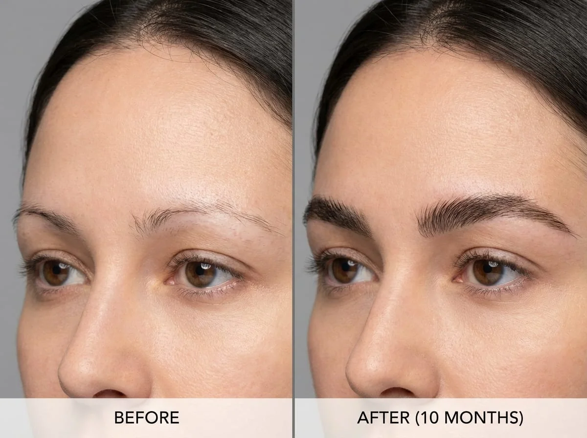 Résultats avant et après d'une greffe de sourcils à Istanbul montrant la reconstruction complète des sourcils clairsemés en 10 mois