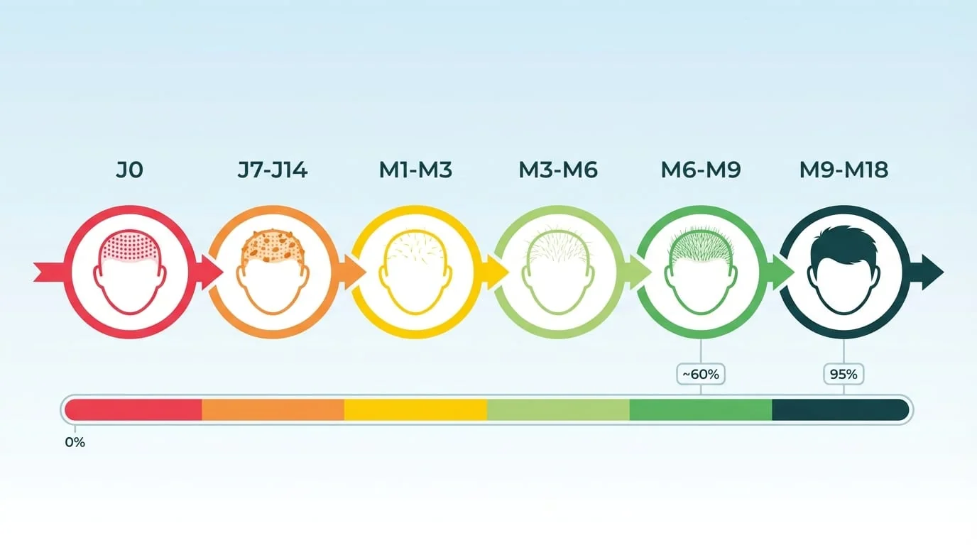 Infographie de la timeline complète des résultats de greffe de cheveux de J0 à M18 montrant les 6 phases : cicatrisation, shock loss, repousse, densification et résultat final