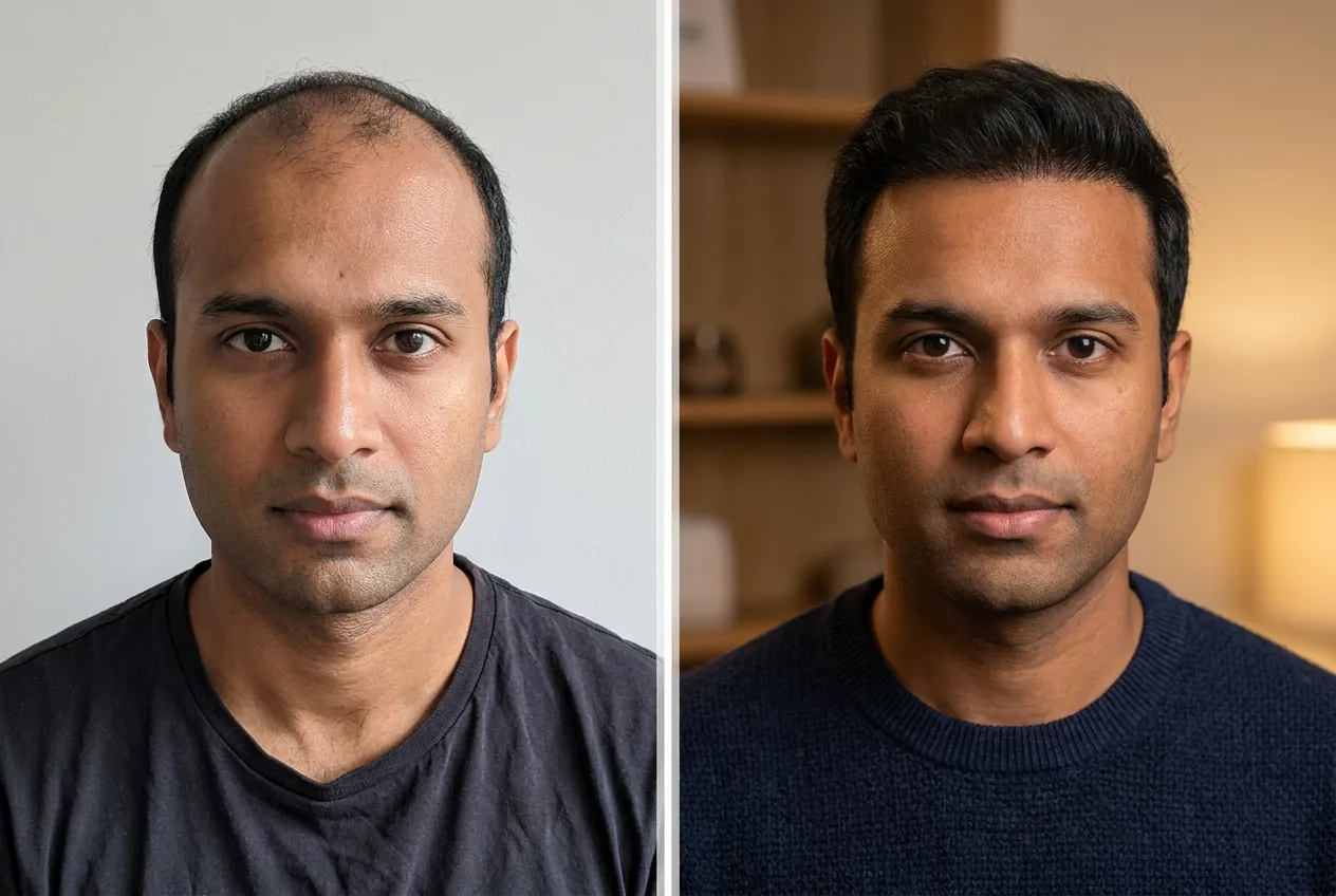 Résultat greffe de cheveux FUE Saphir Istanbul - 3600 greffons - 12 mois après - Ligne frontale et Mid-scalp - Patient France - Renaissance Clinique Turquie