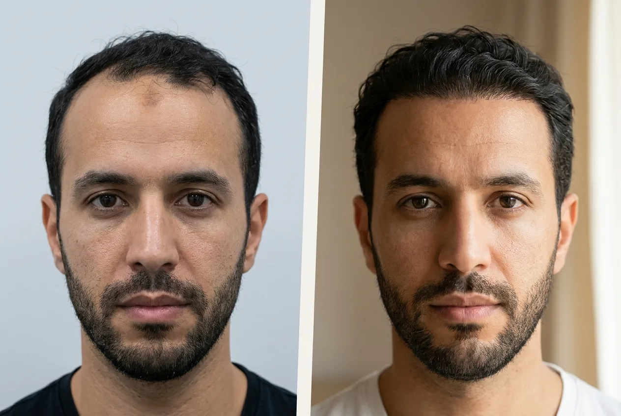 Résultat greffe de cheveux Choi Pen Istanbul - 3000 greffons - 12 mois après - Golfes et Ligne frontale - Patient Maroc - Renaissance Clinique Turquie