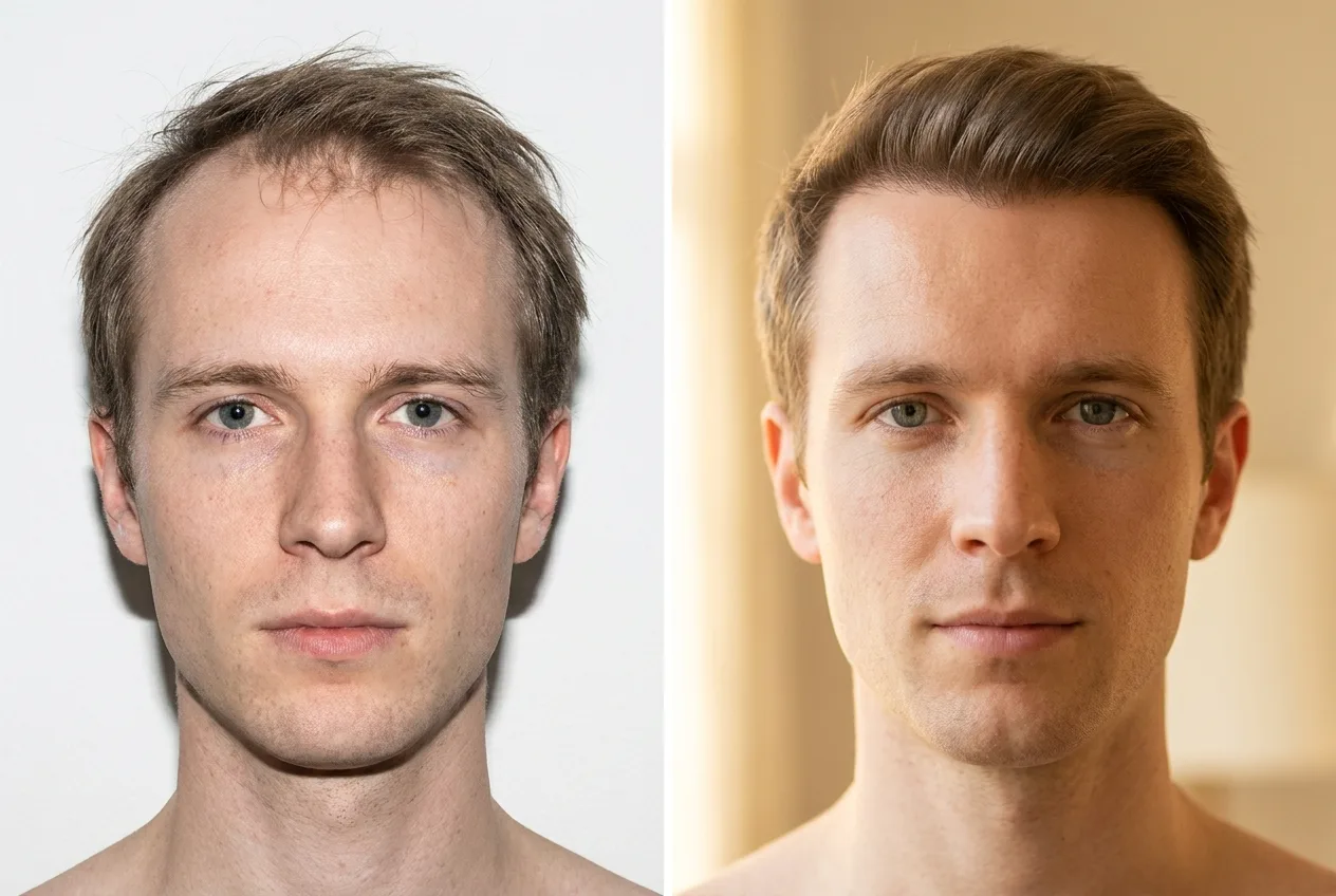 Résultat greffe de cheveux FUE Saphir Istanbul - 3800 greffons - 10 mois après - Ligne frontale et Mid-scalp - Patient France - Renaissance Clinique Turquie
