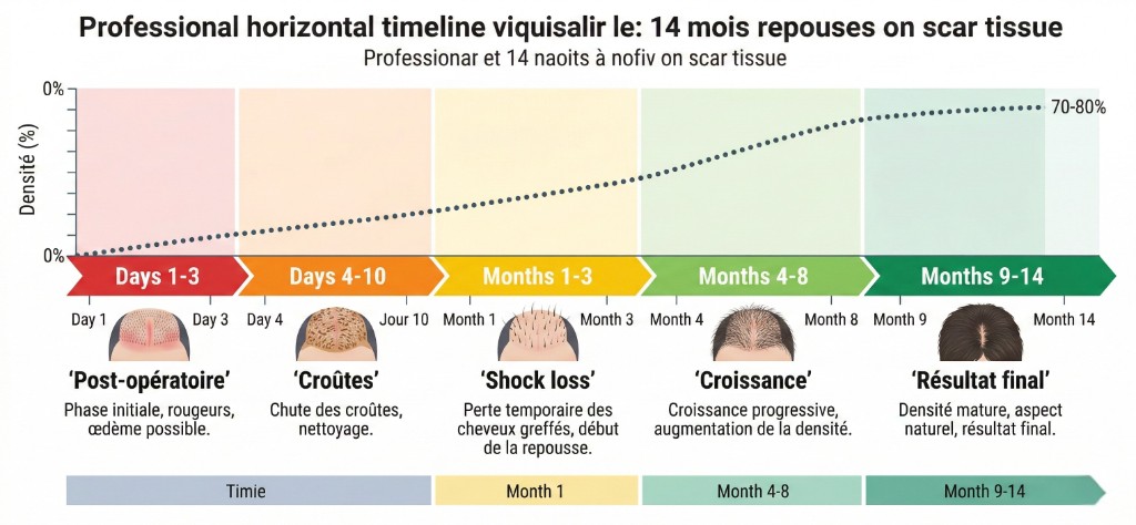 Infographie chronologique de la repousse après greffe de cheveux sur cicatrice sur 14 mois : phase post-opératoire J1-J3 (rougeurs, œdème), chute des croûtes J4-J10, shock loss et début de repousse Mois 1-3, croissance progressive Mois 4-8, résultat final Mois 9-14 avec densité atteignant 70-80 % — courbe pointillée montrant la progression de la densité capillaire de 0 % à 70-80 % sur tissu cicatriciel