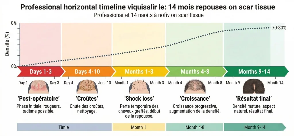 Chronologie repousse greffe sur cicatrice : 5 phases sur 14 mois, densité 0 % → 70-80 % | Renaissance Clinique Infographie chronologique de la repousse après greffe de cheveux sur cicatrice sur 14 mois : phase post-opératoire J1-J3 (rougeurs, œdème), chute des croûtes J4-J10, shock loss et début de repousse Mois 1-3, croissance progressive Mois 4-8, résultat final Mois 9-14 avec densité atteignant 70-80 % — courbe pointillée montrant la progression de la densité capillaire de 0 % à 70-80 % sur tissu cicatriciel