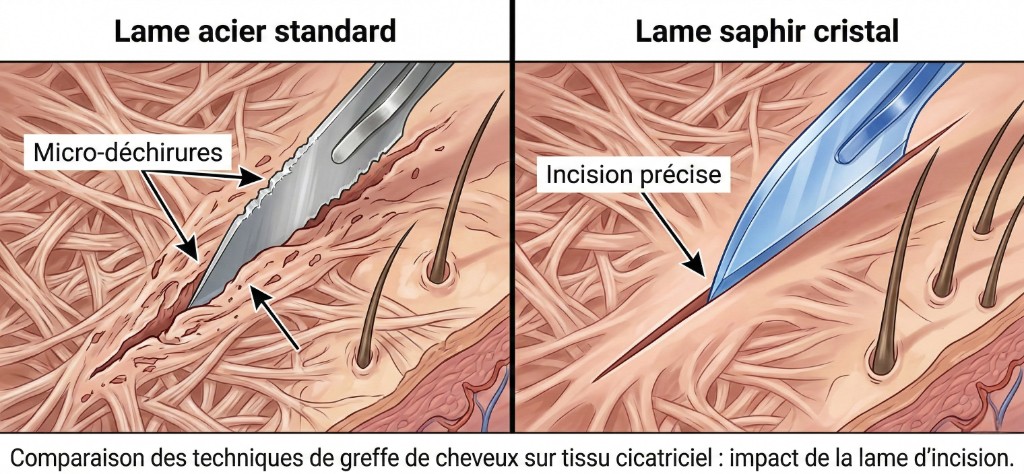 Illustration médicale comparative : lame acier standard (gauche) créant des micro-déchirures dans le tissu cicatriciel fibreux lors d'une greffe capillaire — lame saphir cristal (droite) réalisant une incision précise et nette dans le même tissu, réduisant les traumatismes de 30 % et accélérant la cicatrisation de 40 % pour une greffe de cheveux sur cicatrice