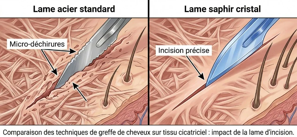 Lame acier standard vs lame saphir cristal pour greffe sur cicatrice — Comparaison des micro-incisions | Renaissance Clinique Illustration médicale comparative : lame acier standard (gauche) créant des micro-déchirures dans le tissu cicatriciel fibreux lors d'une greffe capillaire — lame saphir cristal (droite) réalisant une incision précise et nette dans le même tissu, réduisant les traumatismes de 30 % et accélérant la cicatrisation de 40 % pour une greffe de cheveux sur cicatrice
