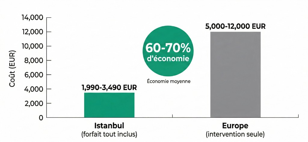 Graphique en barres comparant le coût d'une greffe de cheveux sur cicatrice en 2026 : barre verte Istanbul forfait tout inclus à 1 990-3 490 EUR versus barre grise Europe intervention seule à 5 000-12 000 EUR, avec badge central indiquant 60-70 % d'économie moyenne en faveur d'Istanbul pour les patients français