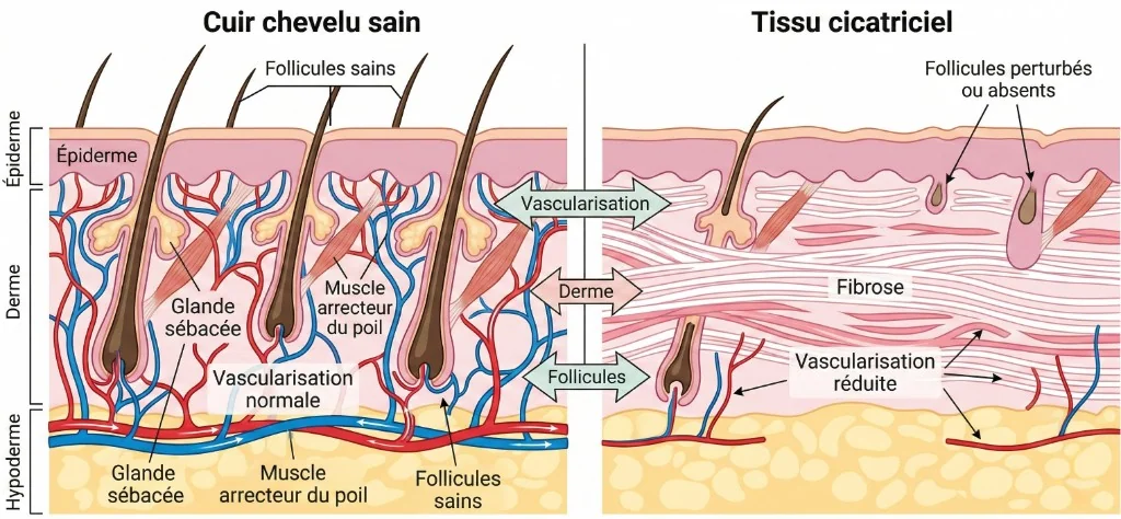 Cuir chevelu sain vs tissu cicatriciel : vascularisation, fibrose et follicules — Greffe sur cicatrice | Renaissance Clinique Schéma anatomique comparatif en coupe transversale : cuir chevelu sain (gauche) avec vascularisation normale, follicules sains et épiderme intact — tissu cicatriciel (droite) montrant la fibrose du derme, vascularisation réduite, follicules perturbés ou absents, illustrant pourquoi le taux de survie des greffons est inférieur (70-80 %) lors d'une greffe sur cicatrice