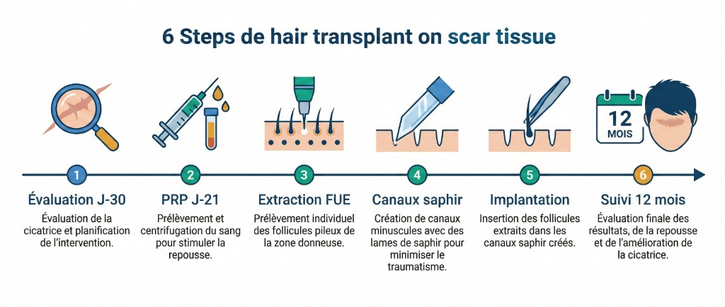 Infographie du déroulement en 6 étapes d'une greffe de cheveux sur tissu cicatriciel : étape 1 évaluation J-30 (analyse de la cicatrice), étape 2 PRP J-21 (prélèvement et centrifugation du sang), étape 3 extraction FUE (prélèvement des follicules de la zone donneuse), étape 4 canaux saphir (création des micro-incisions avec lames saphir pour minimiser le traumatisme), étape 5 implantation (insertion des follicules dans les canaux), étape 6 suivi 12 mois (évaluation finale de la repousse et de l'amélioration de la cicatrice)