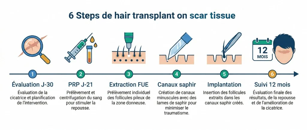 Déroulement 6 étapes greffe de cheveux sur cicatrice : évaluation, PRP, FUE Saphir, implantation, suivi — Renaissance Clinique Infographie du déroulement en 6 étapes d'une greffe de cheveux sur tissu cicatriciel : étape 1 évaluation J-30 (analyse de la cicatrice), étape 2 PRP J-21 (prélèvement et centrifugation du sang), étape 3 extraction FUE (prélèvement des follicules de la zone donneuse), étape 4 canaux saphir (création des micro-incisions avec lames saphir pour minimiser le traumatisme), étape 5 implantation (insertion des follicules dans les canaux), étape 6 suivi 12 mois (évaluation finale de la repousse et de l'amélioration de la cicatrice)