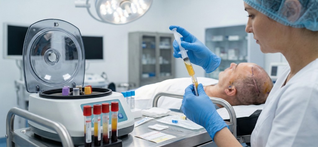 Préparation clinique du PRP (Plasma Riche en Plaquettes) avant greffe capillaire sur cicatrice : infirmière en gants bleus tenant une seringue avec le sérum PRP doré issu de la centrifugation des tubes sanguins, centrifugeuse médicale au premier plan, patient allongé avec cicatrice visible sur le cuir chevelu en arrière-plan — protocole préparatoire pour améliorer la vascularisation du tissu cicatriciel et augmenter le taux de survie des greffons de 10 à 15 %