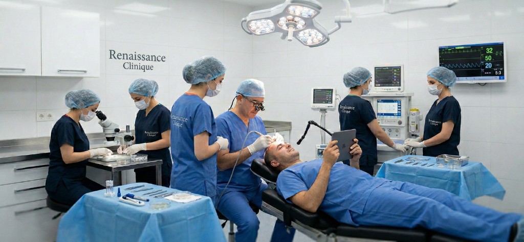 Bloc opératoire de Renaissance Clinique à Istanbul lors d'une greffe de cheveux FUE Saphir : équipe médicale de 6 professionnels en tenue chirurgicale, chirurgien avec loupes binoculaires réalisant l'extraction, patient détendu regardant une tablette, microscope pour tri des greffons, moniteurs ECG affichant les signes vitaux, éclairage chirurgical LED et environnement stérile