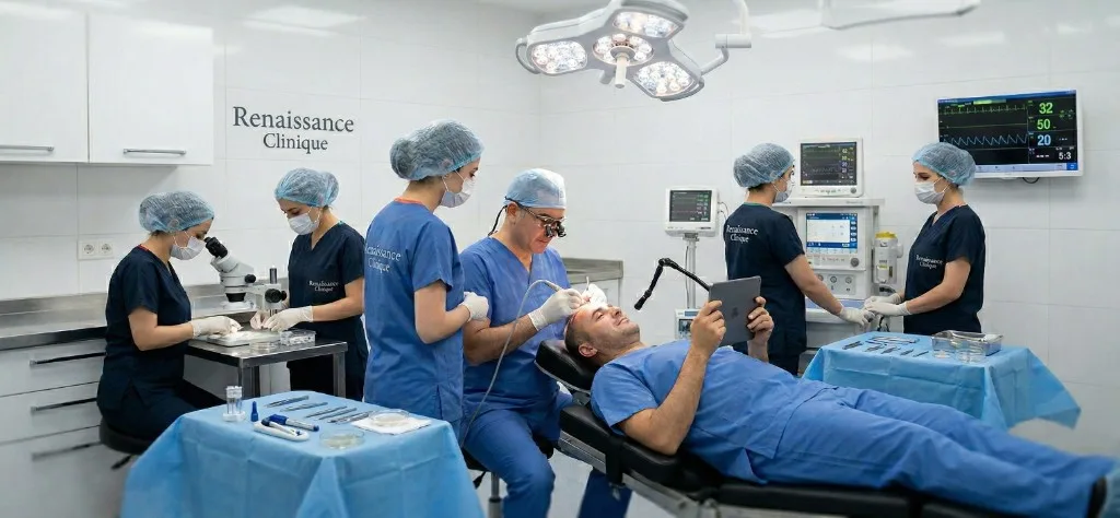 Jour J : Bloc Opératoire Greffe FUE Saphir — Équipe Médicale Renaissance Clinique Istanbul Bloc opératoire de Renaissance Clinique à Istanbul lors d'une greffe de cheveux FUE Saphir : équipe médicale de 6 professionnels en tenue chirurgicale, chirurgien avec loupes binoculaires réalisant l'extraction, patient détendu regardant une tablette, microscope pour tri des greffons, moniteurs ECG affichant les signes vitaux, éclairage chirurgical LED et environnement stérile