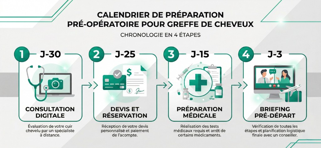 Infographie du calendrier de préparation pré-opératoire pour greffe de cheveux en 4 étapes : étape 1 consultation digitale à J-30 (évaluation du cuir chevelu à distance), étape 2 devis et réservation à J-25 (devis personnalisé et acompte), étape 3 préparation médicale à J-15 (tests médicaux et arrêt de certains médicaments), étape 4 briefing pré-départ à J-3 (vérification logistique finale avec un conseiller)