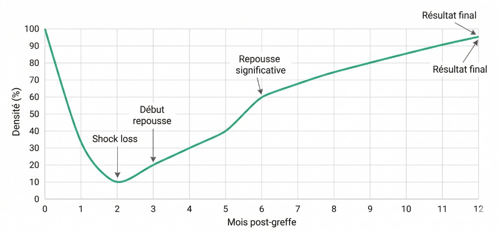 Courbe d'évolution de la densité capillaire après greffe de cheveux du mois 0 au mois 12 : densité initiale à 100 %, chute brutale lors du shock loss au mois 2 (environ 10 %), début de repousse au mois 3, repousse significative atteignant 60 % au mois 6, puis progression régulière jusqu'au résultat final de 95 % au mois 12 — axe X : mois post-greffe, axe Y : densité en pourcentage