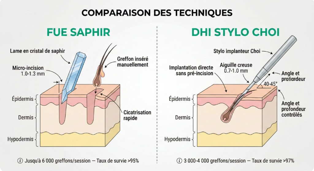 Schéma comparatif des techniques de greffe capillaire FUE Saphir et DHI Stylo Choi en coupe transversale du cuir chevelu : à gauche, la technique FUE Saphir avec lame en cristal de saphir réalisant une micro-incision de 1,0-1,3 mm dans l'épiderme, le derme et l'hypoderme, greffon inséré manuellement avec cicatrisation rapide (jusqu'à 6 000 greffons/session, taux de survie >95 %) ; à droite, la technique DHI avec stylo implanteur Choi à aiguille creuse de 0,7-1,0 mm pénétrant à un angle de 40-45° pour implantation directe sans pré-incision (3 000-4 000 greffons/session, taux de survie >97 %)