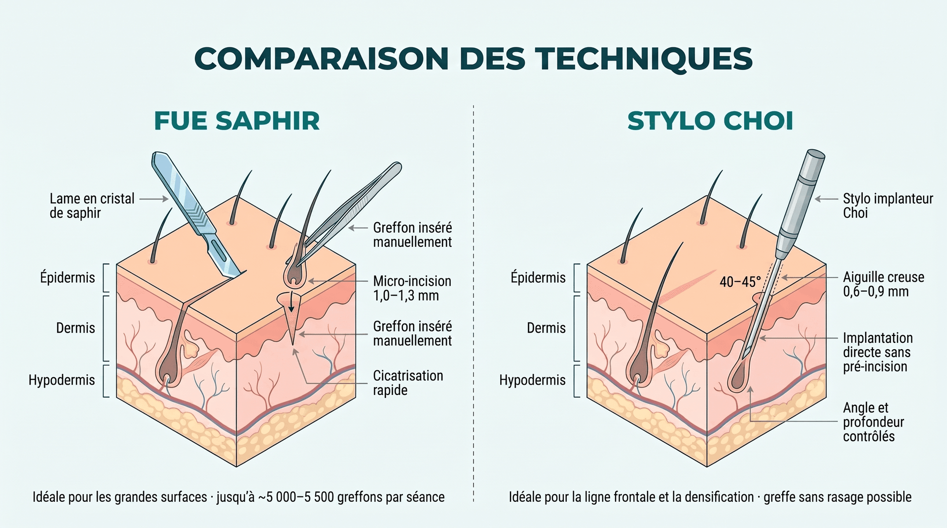 Schéma comparatif des techniques de greffe capillaire FUE Saphir et Choi Pen Stylo Choi en coupe transversale du cuir chevelu : à gauche, la technique FUE Saphir avec lame en cristal de saphir réalisant une micro-incision de 1,0-1,3 mm dans l'épiderme, le derme et l'hypoderme, greffon inséré manuellement avec cicatrisation rapide (jusqu'à 6 000 greffons/session, taux de survie >95 %) ; à droite, la technique Choi Pen avec stylo implanteur Choi à aiguille creuse de 0,7-1,0 mm pénétrant à un angle de 40-45° pour implantation directe sans pré-incision (3 000-4 000 greffons/session, taux de survie >97 %)