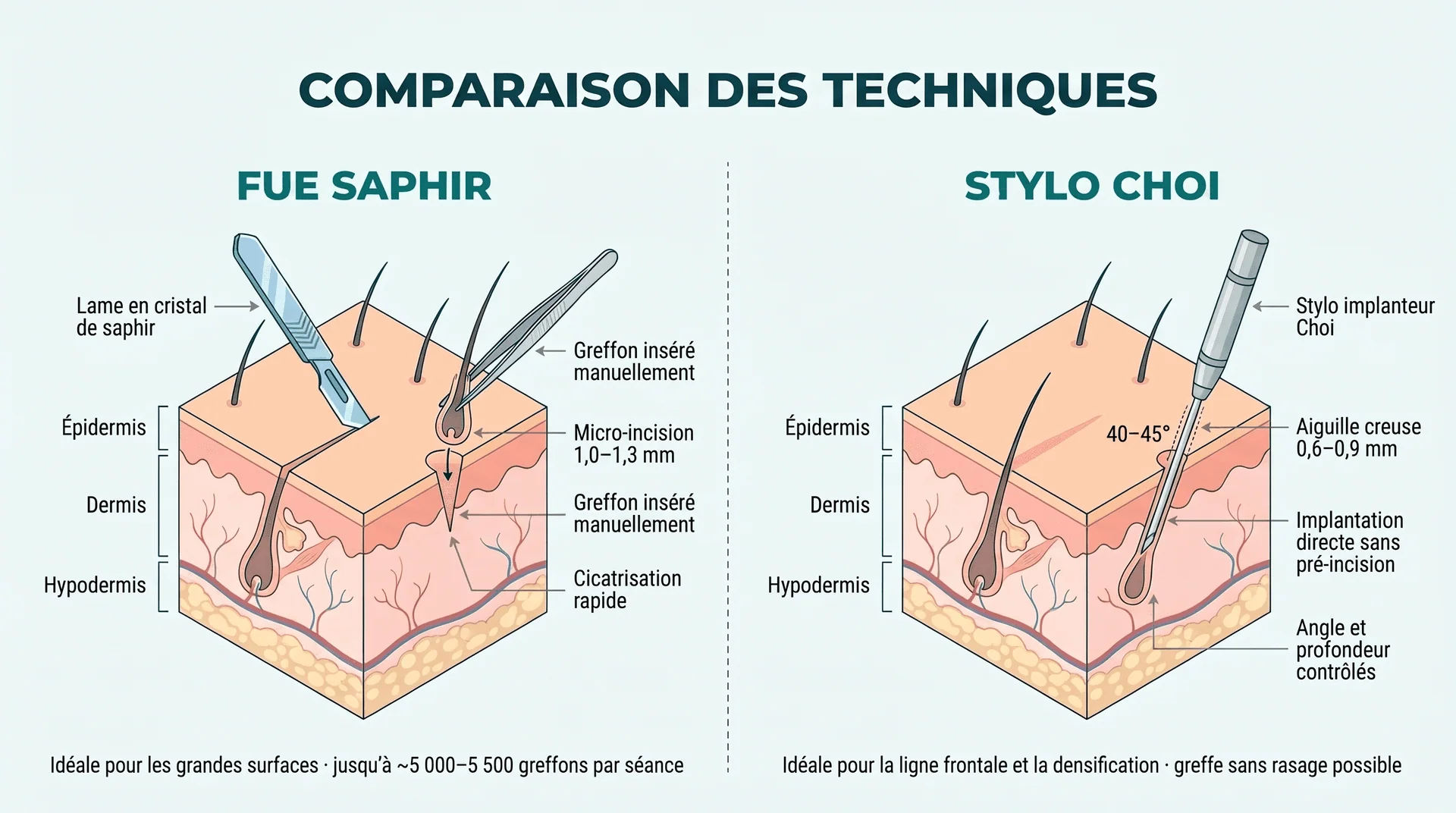 Comparaison FUE Saphir vs Choi Pen Stylo Choi — Coupe Anatomique du Cuir Chevelu | Renaissance Clinique Schéma comparatif des techniques de greffe capillaire FUE Saphir et Choi Pen Stylo Choi en coupe transversale du cuir chevelu : à gauche, la technique FUE Saphir avec lame en cristal de saphir réalisant une micro-incision de 1,0-1,3 mm dans l'épiderme, le derme et l'hypoderme, greffon inséré manuellement avec cicatrisation rapide (jusqu'à 6 000 greffons/session, taux de survie >95 %) ; à droite, la technique Choi Pen avec stylo implanteur Choi à aiguille creuse de 0,7-1,0 mm pénétrant à un angle de 40-45° pour implantation directe sans pré-incision (3 000-4 000 greffons/session, taux de survie >97 %)