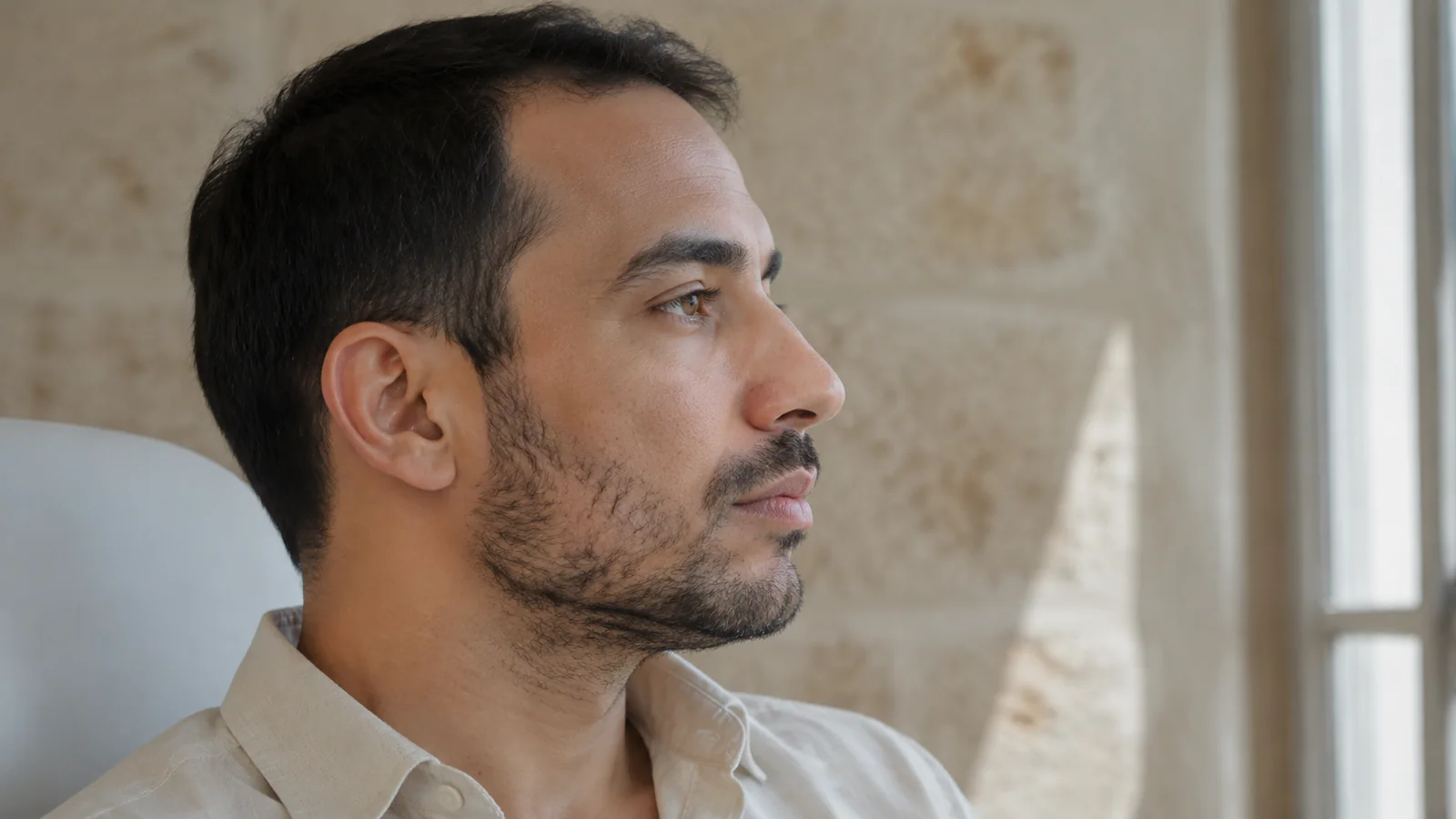 Portrait de profil montrant une barbe naturellement irrégulière avant toute intervention.