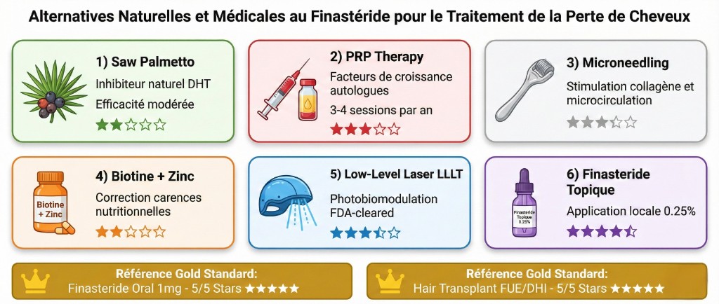 Infographie des alternatives naturelles et médicales au finastéride pour le traitement de la perte de cheveux, présentée en 6 cartes sur 2 rangées : 1) Saw Palmetto (icône baies de palmier nain, inhibiteur naturel DHT, efficacité modérée, 2/5 étoiles), 2) PRP Therapy (icône seringue plasma riche en plaquettes, facteurs de croissance autologues, 3-4 sessions par an, 3,5/5 étoiles), 3) Microneedling (icône derma roller, stimulation collagène et microcirculation, 3/5 étoiles), 4) Biotine + Zinc (icône flacon complément alimentaire, correction carences nutritionnelles, 2/5 étoiles), 5) Low-Level Laser LLLT (icône casque laser bleu, photobiomodulation FDA-cleared, 3,5/5 étoiles), 6) Finastéride Topique (icône flacon compte-gouttes, application locale 0,25 %, 4,5/5 étoiles). Référence gold standard en bas : Finastéride Oral 1 mg — 5/5 étoiles et Greffe capillaire FUE/DHI — 5/5 étoiles