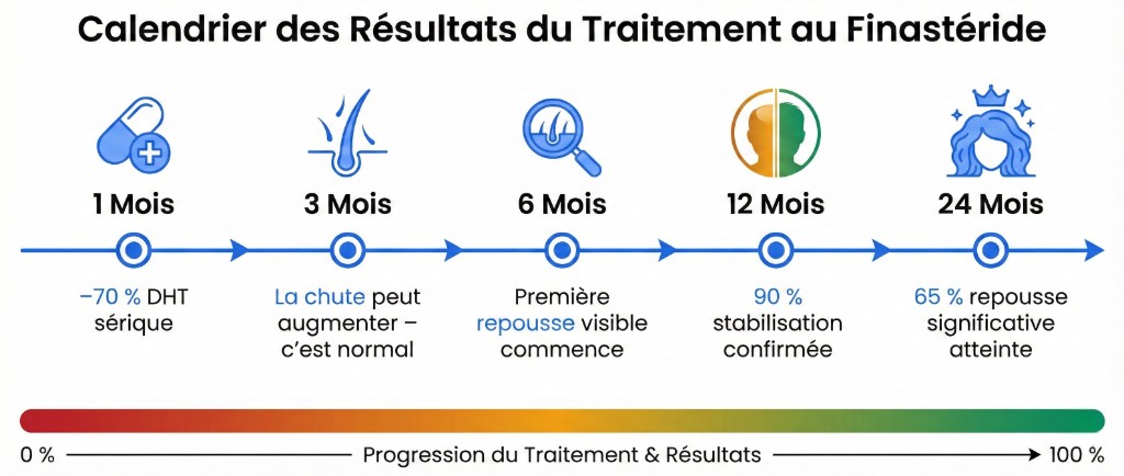 Calendrier des résultats du traitement au finastéride sur une frise chronologique horizontale avec 5 étapes : 1 mois (icône comprimé, −70 % DHT sérique), 3 mois (icône cheveu, la chute peut augmenter — c'est normal, shedding physiologique), 6 mois (icône densité capillaire, première repousse visible commence), 12 mois (icône avant/après profil, 90 % stabilisation confirmée), 24 mois (icône chevelure complète, 65 % repousse significative atteinte). Barre de progression inférieure du rouge (0 %) au vert (100 %) illustrant la progression du traitement et des résultats