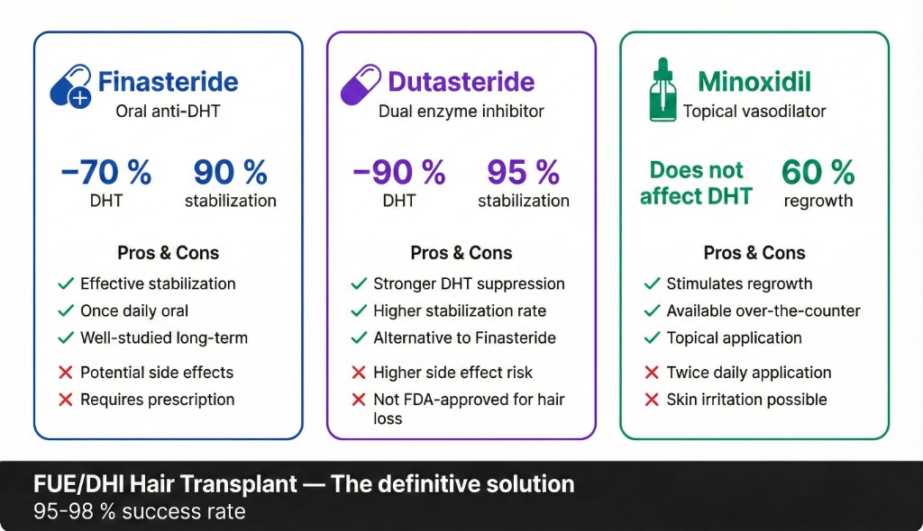 Infographie comparative des trois traitements médicaux contre la chute de cheveux : colonne 1 (bleu) Finasteride — oral anti-DHT, −70 % DHT, 90 % stabilisation, avantages (stabilisation efficace, 1 prise orale par jour, études long terme) et inconvénients (effets secondaires potentiels, ordonnance requise) ; colonne 2 (violet) Dutasteride — inhibiteur double enzyme, −90 % DHT, 95 % stabilisation, avantages (suppression DHT plus forte, taux de stabilisation supérieur, alternative au finastéride) et inconvénients (risque accru d'effets secondaires, non approuvé FDA pour la calvitie) ; colonne 3 (vert) Minoxidil — vasodilatateur topique, n'affecte pas la DHT, 60 % repousse, avantages (stimule la repousse, sans ordonnance, application topique) et inconvénients (application 2 fois par jour, irritation cutanée possible). Bandeau inférieur sombre : Greffe FUE/DHI — la solution définitive — 95-98 % taux de réussite