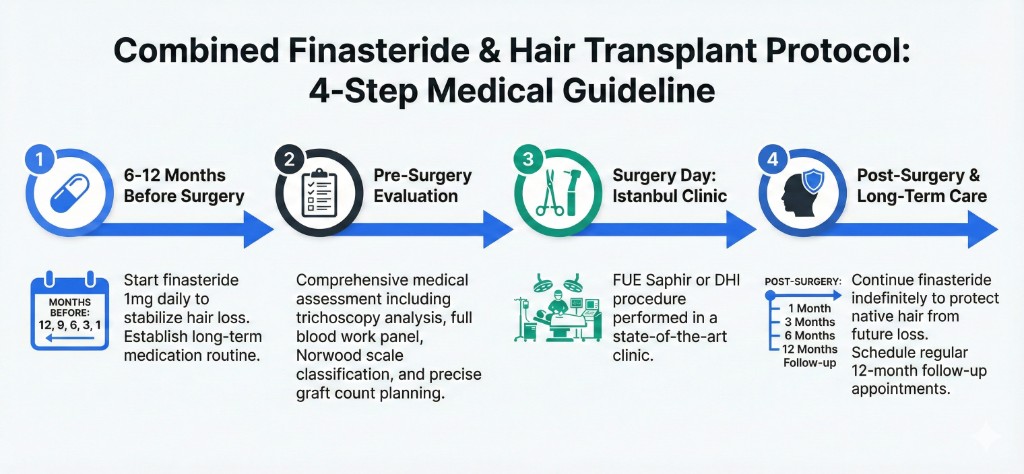 Protocole médical combiné finastéride et greffe capillaire en 4 étapes : étape 1 (6-12 mois avant la chirurgie, icône comprimé bleu) — commencer le finastéride 1 mg par jour pour stabiliser la chute, établir une routine médicamenteuse à long terme, calendrier décompte 12, 9, 6, 3, 1 mois ; étape 2 (évaluation pré-chirurgicale, icône clipboard médecin) — bilan médical complet incluant trichoscopie, bilan sanguin, classification Norwood et planification précise du nombre de greffons ; étape 3 (jour de la chirurgie à Istanbul, icône instruments chirurgicaux) — intervention FUE Saphir ou DHI réalisée dans une clinique de pointe ; étape 4 (post-chirurgie et soins à long terme, icône bouclier protection) — continuer le finastéride indéfiniment pour protéger les cheveux natifs, suivi régulier à 1, 3, 6 et 12 mois